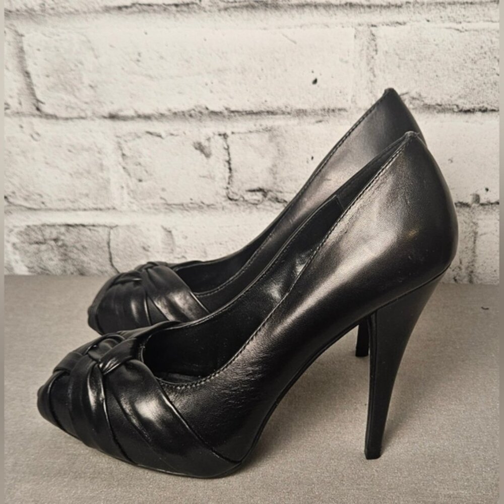 Pegabo Black Faux Leather Peep Toe Platform Heels Size 8.5
